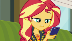 Size: 1280x720 | Tagged: safe, screencap, sunset shimmer, equestria girls, g4, my little pony equestria girls: better together, text support, text support: sunset shimmer, cellphone, female, geode of empathy, magical geodes, phone, smartphone, solo