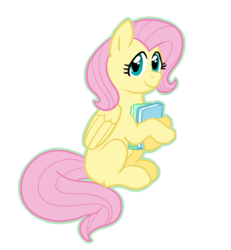 Size: 1024x1106 | Tagged: safe, artist:fuzzywhatzit, fluttershy, pegasus, pony, g4, book, female, folded wings, hoof hold, looking at you, missing cutie mark, simple background, sitting, smiling, solo, transparent background