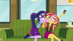 Size: 1280x720 | Tagged: safe, screencap, sci-twi, sunset shimmer, timber spruce, twilight sparkle, equestria girls, equestria girls series, g4, text support, cellphone, geode of empathy, geode of telekinesis, keep away, legs, magical geodes, phone, reaching, smartphone, smiling, smirk, sunset shimmer is amused, text support: sunset shimmer