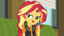 Size: 1280x720 | Tagged: safe, screencap, sunset shimmer, equestria girls, g4, my little pony equestria girls: better together, text support, text support: sunset shimmer, cellphone, female, geode of empathy, lidded eyes, magical geodes, phone, smartphone, smiling, solo