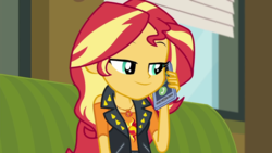 Size: 1280x720 | Tagged: safe, screencap, sunset shimmer, equestria girls, g4, my little pony equestria girls: better together, text support, text support: sunset shimmer, cellphone, female, geode of empathy, magical geodes, phone, smartphone, smiling, smirk, solo