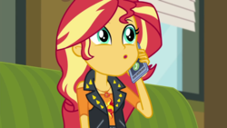 Size: 1280x720 | Tagged: safe, screencap, sunset shimmer, equestria girls, g4, my little pony equestria girls: better together, text support, text support: sunset shimmer, female, geode of empathy, magical geodes, solo