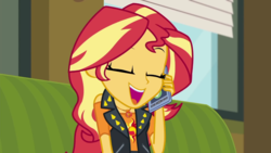 Size: 1280x720 | Tagged: safe, screencap, sunset shimmer, equestria girls, g4, my little pony equestria girls: better together, text support, text support: sunset shimmer, cellphone, cute, female, geode of empathy, happy, laughing, magical geodes, phone, shimmerbetes, smartphone, solo