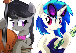 Size: 1713x1205 | Tagged: safe, artist:yaco, dj pon-3, octavia melody, vinyl scratch, earth pony, pony, unicorn, g4, bowtie, electric guitar, female, guitar, horn, mare, musical instrument, simple background, sunglasses, violin, white background