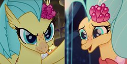 Size: 896x456 | Tagged: safe, screencap, princess skystar, hippogriff, seapony (g4), starfish, g4, my little pony: the movie, bioluminescent, blue eyes, bubble, bust, close-up, coral, cute, eyelashes, facebook, female, flower, flower in hair, flowing mane, freckles, glowing, jewelry, looking at you, necklace, ocean, open mouth, pearl necklace, portrait, reef, scales, seaquestria, seashell, seashell necklace, seaweed, shell, smiling, smiling at you, solo, swimming, underwater, water, wings