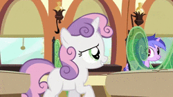 Size: 640x360 | Tagged: safe, screencap, sea swirl, seafoam, sweetie belle, pony, unicorn, g4, just for sidekicks, animated, background pony, cute, diasweetes, female, filly, friendship express, mare, prancing, sound, squeak, squeaky belle, train, webm