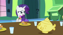 Size: 640x360 | Tagged: safe, screencap, applejack, rarity, g4, keep calm and flutter on, animated, female, food, something fishy, sound, webm