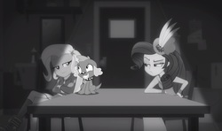 Size: 1206x716 | Tagged: safe, hundreds of users filter this tag, screencap, rarity, spike, spike the regular dog, trixie, dog, equestria girls, equestria girls series, g4, rarity investigates: the case of the bedazzled boot, angry, black and white, female, grayscale, jealous, love triangle, male, monochrome, rarity investigates (eqg): trixie, shipping, show accurate, spixie, straight