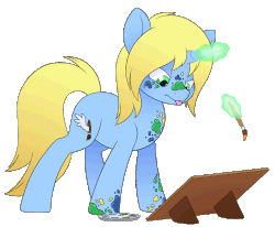 Size: 1820x1500 | Tagged: safe, artist:mynder, oc, oc:art's desire, pony, unicorn, :p, animated, cute, female, filly, magic, ocbetes, paint, paintbrush, silly, simple background, solo, tongue out, transparent background