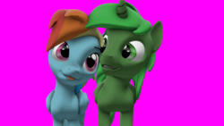 Size: 1024x576 | Tagged: safe, artist:okimichan, rainbow dash, oc, oc:green thunder, pony, unicorn, g4, 3d, canon x oc, greendash, male, never doubt blaa6 involvement, pink background, simple background, stallion, tongue out