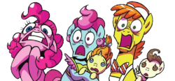 Size: 795x369 | Tagged: safe, artist:brenda hickey, idw, carrot cake, cup cake, pinkie pie, pound cake, pumpkin cake, g4, spoiler:comic, spoiler:comic63, background removed, gaping, preview, reaction image, shocked, simple background, transparent background