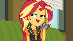 Size: 1280x720 | Tagged: safe, screencap, sunset shimmer, equestria girls, g4, my little pony equestria girls: better together, text support, text support: sunset shimmer, cellphone, female, geode of empathy, magical geodes, phone, smartphone, solo, talking