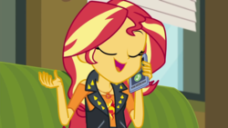 Size: 1280x720 | Tagged: safe, screencap, sunset shimmer, equestria girls, g4, my little pony equestria girls: better together, text support, text support: sunset shimmer, cellphone, female, geode of empathy, magical geodes, phone, smartphone, smiling, solo, talking
