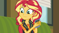 Size: 1280x720 | Tagged: safe, screencap, sunset shimmer, equestria girls, g4, my little pony equestria girls: better together, text support, text support: sunset shimmer, cute, female, geode of empathy, magical geodes, shimmerbetes, smiling, solo