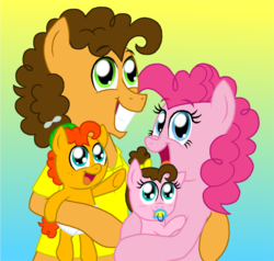 Size: 1251x1193 | Tagged: safe, artist:crazynutbob, cheese sandwich, pinkie pie, oc, oc:fudge fondue, oc:pizza pockets, pony, g4, baby, baby pony, bow, family, female, freckles, gradient background, grin, hair bow, hat, heartwarming in hindsight, male, offspring, pacifier, parent:cheese sandwich, parent:pinkie pie, parents:cheesepie, propeller hat, ship:cheesepie, shipping, smiling, straight, twins