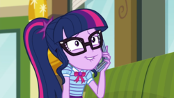 Size: 1280x720 | Tagged: safe, screencap, sci-twi, twilight sparkle, equestria girls, g4, my little pony equestria girls: better together, text support, cute, female, geode of telekinesis, lip bite, magical geodes, solo, twiabetes