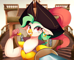 Size: 4404x3596 | Tagged: safe, artist:maren, captain celaeno, bird, anthro, g4, my little pony: the movie, beauty mark, clothes, ear piercing, earring, female, hat, high res, jewelry, looking at you, piercing, pirate hat, smiling, solo, sword, weapon