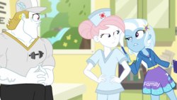 Size: 1920x1080 | Tagged: safe, screencap, bulk biceps, nurse redheart, trixie, equestria girls, equestria girls specials, g4, my little pony equestria girls: better together, my little pony equestria girls: forgotten friendship, discovery family logo, female, male, nurse outfit, trio