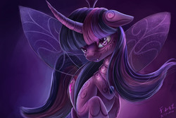 Size: 2400x1600 | Tagged: safe, artist:foughtdragon01, twilight sparkle, changeling, g4, body markings, changelingified, curved horn, female, horn, insect wings, looking at you, markings, signature, solo, species swap, twiling, wings