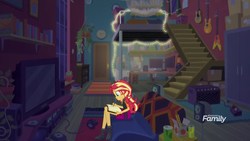 Size: 1920x1080 | Tagged: safe, screencap, sunset shimmer, equestria girls, equestria girls specials, g4, my little pony equestria girls: better together, my little pony equestria girls: forgotten friendship, couch, female, guitar, solo, string lights, sunset's apartment