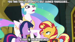 Size: 1920x1080 | Tagged: safe, princess celestia, sunset shimmer, twilight sparkle, alicorn, pony, unicorn, equestria girls, equestria girls specials, g4, my little pony equestria girls: better together, my little pony equestria girls: forgotten friendship, daimando is going to hell, image macro, imminent spanking, meme, reunion, saddle bag, the man they call ghost, the prodigal sunset, trio, true capitalist radio, twilight sparkle (alicorn), woodshed