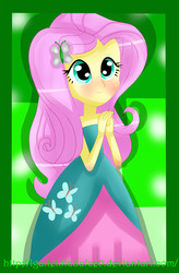 Size: 5000x7641 | Tagged: safe, artist:vixelzf, fluttershy, equestria girls, g4, absurd resolution, blushing, clothes, cute, dress, fall formal outfits, female, sleeveless, solo, strapless