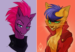Size: 1001x700 | Tagged: safe, artist:kagay, capper dapperpaws, tempest shadow, abyssinian, pony, unicorn, anthro, g4, my little pony: the movie, anthro with ponies, bedroom eyes, broken horn, bust, chest fluff, clothes, coat, eye scar, horn, lidded eyes, lip bite, orange background, purple background, raised eyebrow, scar, seductive, seductive look, sexy, simple background, smiling, smirk, stupid sexy capper, stupid sexy tempest shadow
