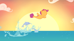 Size: 1920x1080 | Tagged: safe, screencap, scootaloo, dolphin, seapony (g4), g4, season 8, surf and/or turf, cute, female, free willy, jumping, nose in the air, sea-mcs, seaponified, seapony scootaloo, solo, species swap, sunset, your heart is in two places