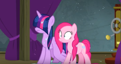 Size: 714x381 | Tagged: safe, screencap, pinkie pie, twilight sparkle, alicorn, earth pony, pony, g4, horse play, season 8, bangs, duo, frown, hair over eyes, startled, twilight sparkle (alicorn), water, wet, wet mane, wet mane pinkie pie, wet mane twilight sparkle, wide eyes, youtube link