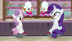 Size: 2208x1242 | Tagged: safe, edit, edited screencap, screencap, rarity, sweetie belle, pony, unicorn, forever filly, g4, bakery, candy, clown surprise, duo, female, food, ice cream, licking, licking lips, pie, sisters, sundae, sweets, tongue out