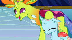 Size: 1920x1080 | Tagged: safe, screencap, ocellus, thorax, changedling, changeling, nymph, g4, school daze, season 8, changeling king, cute, diaocelles, duo, eyes closed, female, king thorax, male, noogie, open mouth, papa thorax, petting, size difference, smiling, thorabetes