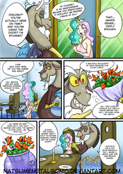 Size: 741x1048 | Tagged: safe, artist:natsumemetalsonic, discord, princess celestia, human, comic:vore is magic too, comic:vore is magic too (alternate side quest), g4, comic, flower, humanized, imminent vore