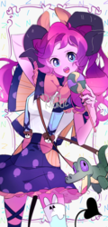 Size: 1020x2122 | Tagged: safe, artist:dusty-munji, gummy, pinkie pie, equestria girls, g4, alternate universe, candy, clothes, devil tail, dress, female, food, lollipop, plushie, skirt, socks, solo, suspenders, tail, thigh highs, thigh socks, witch