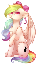Size: 1143x1955 | Tagged: safe, artist:twinkepaint, oc, oc only, oc:pastelle song, pegasus, pony, g4, bow, cheek fluff, chest fluff, female, floppy ears, hair bow, heart eyes, i'm not cute, mare, rainbow hair, rainbow tail, simple background, sitting, solo, tongue out, transparent background, wingding eyes