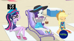 Size: 1280x720 | Tagged: safe, screencap, applejack, rarity, sci-twi, twilight sparkle, equestria girls, equestria girls specials, g4, my little pony equestria girls: better together, my little pony equestria girls: forgotten friendship, applejack's beach shorts swimsuit, ass, beach chair, butt, chair, clothes, feet, female, flip-flops, hat, one-piece swimsuit, rarity's blue sarong, rarity's purple bikini, sandals, schrödinger's pantsu, sci-twi swimsuit, sun hat, swimsuit, tanning mirror