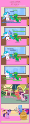 Size: 1205x4879 | Tagged: safe, artist:estories, big macintosh, princess celestia, sugar belle, twilight sparkle, oc, oc:lime dream, alicorn, ghost, pony, g4, ><, cake, comb, comic, eating, eyes closed, food, glados, magic, necktie, pointy ponies, portal (valve), twilight sparkle (alicorn)