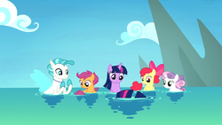 Size: 1920x1080 | Tagged: safe, screencap, apple bloom, scootaloo, sweetie belle, terramar, twilight sparkle, alicorn, seapony (g4), g4, season 8, surf and/or turf, cutie mark crusaders, sea-mcs, seaponified, seapony apple bloom, seapony scootaloo, seapony sweetie belle, seapony twilight, species swap, twilight sparkle (alicorn), water