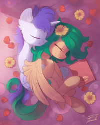 Size: 1601x2000 | Tagged: safe, artist:freeedon, oc, oc only, pegasus, pony, unicorn, book, cuddling, cute, eyes closed, flower, flower in hair, hug, morning, on side, rose petals, smiling