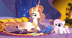 Size: 3793x2013 | Tagged: safe, artist:velveagicsentryyt, princess celestia, princess luna, oc, oc:elysia, oc:queen galaxia, alicorn, pony, unicorn, g4, alicorn oc, baby, baby pony, blank flank, cewestia, colored wings, ethereal mane, female, filly, gradient hooves, gradient wings, high res, mare, mother and daughter, pink-mane celestia, previous generation, prone, race swap, starry mane, unicorn celestia, unicorn luna, woona, younger