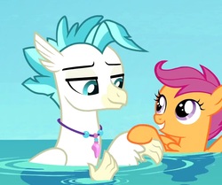 Size: 1010x846 | Tagged: safe, screencap, scootaloo, terramar, classical hippogriff, hippogriff, pegasus, pony, g4, surf and/or turf, bedroom eyes, cropped, duo, holding hands, ocean, out of context, shipping fuel, smiling, swimming, water
