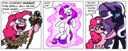 Size: 936x379 | Tagged: safe, artist:gingerfoxy, nightmare rarity, pinkie pie, rarity, earth pony, pony, unicorn, pony comic generator, g4, comic, dialogue, duo, floating, magic, magic 8 ball, magic staff, simple background, speech bubble, transformation, white background