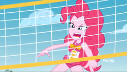 Size: 1280x720 | Tagged: safe, screencap, pinkie pie, equestria girls, equestria girls specials, g4, my little pony equestria girls: better together, my little pony equestria girls: forgotten friendship, beach, beach volleyball, clothes, faic, female, net, pinkie pie swimsuit, solo, sports, swimsuit, volleyball, volleyball net