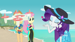 Size: 1920x1080 | Tagged: safe, screencap, applejack, fluttershy, rarity, equestria girls, equestria girls series, forgotten friendship, g4, adorasexy, blowing a kiss, clothes, cute, drone, female, hat, heart, selfie drone, sexy, swimsuit, wetsuit