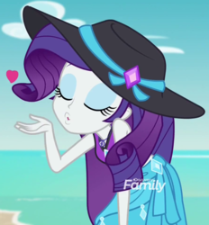Size: 889x959 | Tagged: safe, screencap, rarity, equestria girls, equestria girls specials, g4, my little pony equestria girls: better together, my little pony equestria girls: forgotten friendship, beautiful, blowing a kiss, clothes, cropped, discovery family logo, eyes closed, female, hat, kissing, sarong, sexy, solo, sun hat, swimsuit