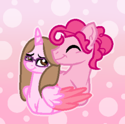 Size: 326x323 | Tagged: safe, artist:cindystarlight, pinkie pie, oc, oc:cindy, alicorn, pony, g4, bubble berry, canon x oc, female, glasses, male, mare, nuzzling, rule 63, straight