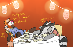 Size: 863x562 | Tagged: safe, artist:jargon scott, oc, oc only, oc:bandy cyoot, oc:pandy cyoot, pony, raccoon, raccoon pony, red panda, red panda pony, chinese food, chinese new year, clothes, dialogue, duo, female, gradient background, lantern, paper lantern, plate, restaurant, sitting, stuffed, table