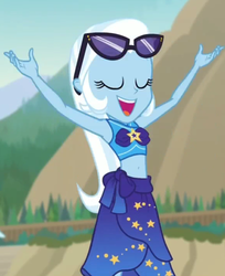 Size: 871x1069 | Tagged: safe, screencap, trixie, equestria girls, equestria girls specials, g4, my little pony equestria girls: better together, my little pony equestria girls: forgotten friendship, armpits, beach, belly button, bikini top, bowtie, clothes, cropped, cute, cutie mark, cutie mark on clothes, eyes closed, female, happy, magical geodes, midriff, open mouth, sarong, sky, solo, sunglasses, swimsuit