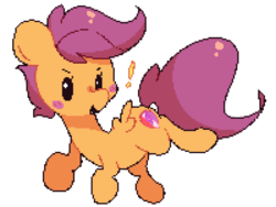Size: 1500x1125 | Tagged: safe, artist:turtlefarminguy, scootaloo, pegasus, pony, g4, action pose, blush sticker, blushing, cutie mark, exclamation point, female, filly, pixel art, raised hoof, simple background, solo, the cmc's cutie marks, transparent background