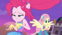 Size: 461x258 | Tagged: safe, screencap, fluttershy, pinkie pie, equestria girls, equestria girls specials, g4, my little pony equestria girls: better together, my little pony equestria girls: forgotten friendship, duo, enjoying, female, jazz hands, lip bite, mirrored, ponied up, pony ears, wings