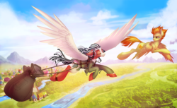 Size: 1500x917 | Tagged: safe, artist:limreiart, oc, oc only, oc:physalis, oc:scrappy rug, pegasus, pony, cheek fluff, duo, flying, mountain, mountain range, not spitfire, pegasus oc, river, scenery, unshorn fetlocks, wings of steel